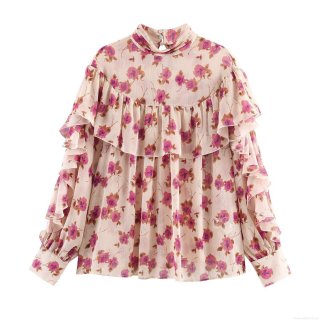 Women's Romantic Floral Chiffon Blouse Mock Neck Layered Ruffle Long Sleeve Shirt Elegant Spring Autumn Pullover Tops for Women