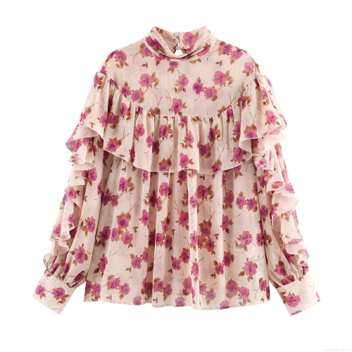Women's Romantic Floral Chiffon Blouse Mock Neck Layered Ruffle Long Sleeve Shirt Elegant Spring Autumn Pullover Tops for Women