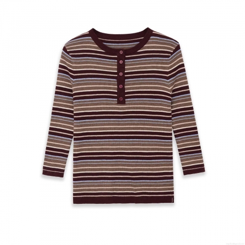 Women's Multicolor Striped Henley T-Shirt Long Sleeve Ribbed Knit Slim Fit Casual Button Front Tee Tops for Daily Streetwear