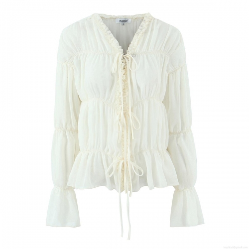 Women's Elegant Chiffon Blouse Ruffle Pleated Tie Front Long Sleeve Polyester Shirt Sweet Casual Solid Color Tops For Ladies