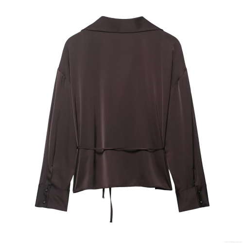 Women's Elegant Satin Texture Long Sleeve Shirt With Waist Belt Solid Color V-Neck Drawstring Blouse For Office Daily Party Autumn Fashion Tops