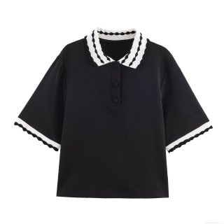 Women's Casual Short Sleeve Polo Shirt 100% Polyester Contrast Wavy Edge Trim T-Shirt Button Up Top For Daily Streetwear