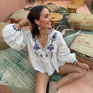 Women's V-Neck Embroidered Long Sleeve Top 100% Cotton Boho Floral Blouse Casual Loose Puff Sleeve Shirt for Vacation Travel