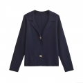 Women's Retro Knit Cardigan Jacket With Gold Flower Bee Buttons Long Sleeve Lapel Collar Knitted Blazer Sweater For Office Casual Navy Blue