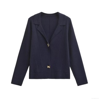Women's Retro Knit Cardigan Jacket With Gold Flower Bee Buttons Long Sleeve Lapel Collar Knitted Blazer Sweater For Office Casual Navy Blue