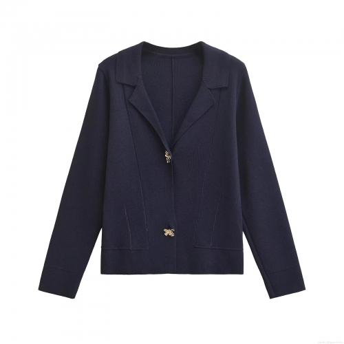 Women's Retro Knit Cardigan Jacket With Gold Flower Bee Buttons Long Sleeve Lapel Collar Knitted Blazer Sweater For Office Casual Navy Blue