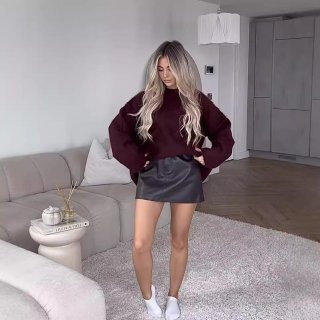 Women's Oversized Mohair Knit Sweater Burgundy Round Neck Long Sleeve Pullover Soft Warm Loose Jumper Autumn Winter Casual Fashion Chic Solid Color Top