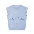 Women's Knit Vest Sky Blue Single Breasted Sleeveless Sweater Top With Pockets Vintage Round Neck Casual Loose Knitwear For Lady