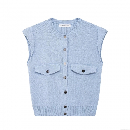 Women's Knit Vest Sky Blue Single Breasted Sleeveless Sweater Top With Pockets Vintage Round Neck Casual Loose Knitwear For Lady