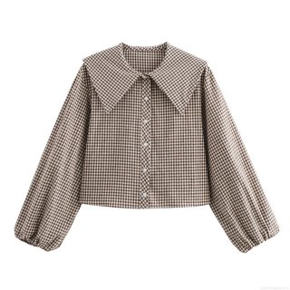 Women's Vintage Plaid Cropped Blouse With Large Pointed Collar And Long Lantern Sleeves Casual Button Down Polyester Shirt For Women