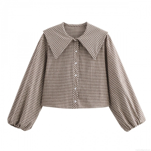 Women's Vintage Plaid Cropped Blouse With Large Pointed Collar And Long Lantern Sleeves Casual Button Down Polyester Shirt For Women