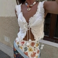 Sexy White Lace Camisole Tank Top Women V Neck Tie Front Ruffle Trim Bohemian Vacation Crop Top Sleeveless Cotton Blend Embroidery Blouse Party Wear