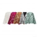 Glamorous Sequin Wrap Top V Neck Long Sleeve Party Cardigan Blouse With Waist Tie Shiny Nightclub Sparkly Outwear For Women