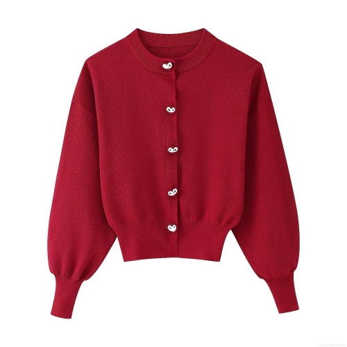 Women's Red Knit Cardigan Sweater With Silver Heart Shaped Buttons Casual Crew Neck Long Sleeve Knitted Polyester Top For Women Streetwear