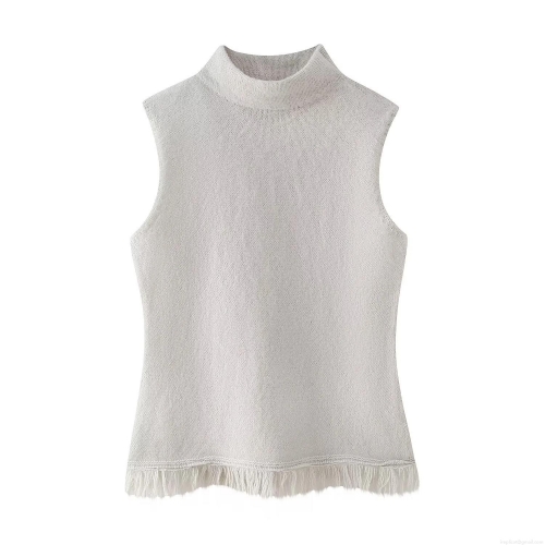 Women's High Neck Sleeveless Knit Vest Top With Tassel Fringe Hem Slim Fit Solid Color Chic Elegant Party Streetwear Pullover Sweater Vest For Women