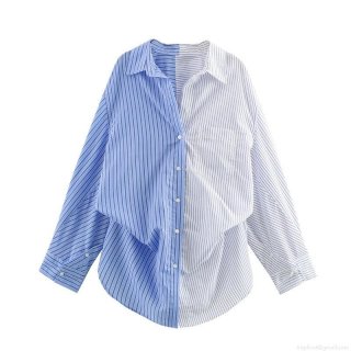 Women's Fashion Patchwork Striped Poplin Shirt Loose Fit Long Sleeve Lapel Collar Polyester Blouse Casual Office Work Tops