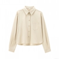 Women's Elegant Apricot Twill Shirt Lapel Single Breasted Long Sleeve Blouse With Pocket Casual Office Work Wear Plain Polyester Tops for Ladies