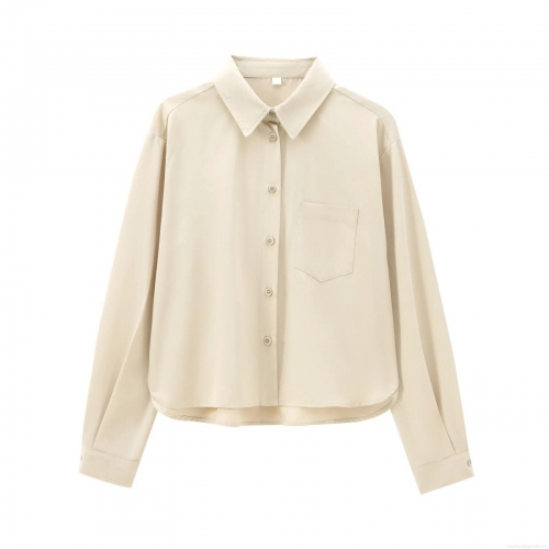 Women's Elegant Apricot Twill Shirt Lapel Single Breasted Long Sleeve Blouse With Pocket Casual Office Work Wear Plain Polyester Tops for Ladies