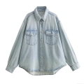 Women Vintage Light Blue Denim Shirt Loose Long Sleeve Washed Cotton Blouse With Single Breasted Pockets Casual Fashion Raw Hem Jean Jacket Tops For Women
