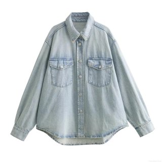 Women Vintage Light Blue Denim Shirt Loose Long Sleeve Washed Cotton Blouse With Single Breasted Pockets Casual Fashion Raw Hem Jean Jacket Tops For Women