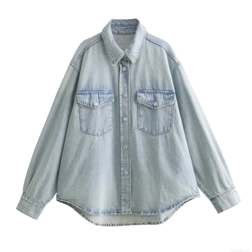 Women Vintage Light Blue Denim Shirt Loose Long Sleeve Washed Cotton Blouse With Single Breasted Pockets Casual Fashion Raw Hem Jean Jacket Tops For Women