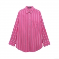 Women's Fashion Fuchsia Vertical Stripe Long Sleeve Shirt Loose Lapel Button Up Blouse With Pocket For Spring Daily Casual Sweet