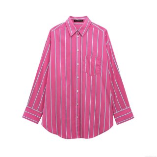 Women's Fashion Fuchsia Vertical Stripe Long Sleeve Shirt Loose Lapel Button Up Blouse With Pocket For Spring Daily Casual Sweet