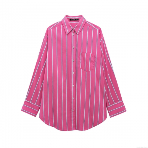 Women's Fashion Fuchsia Vertical Stripe Long Sleeve Shirt Loose Lapel Button Up Blouse With Pocket For Spring Daily Casual Sweet