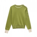 Women's Casual Knit Sweater Round Neck Long Sleeve Top With Decorative Shoulder Buttons Contrast Trim Loose Fit Mercerized Cotton Knitwear For Women