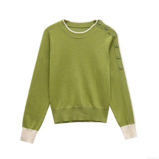 Women's Casual Knit Sweater Round Neck Long Sleeve Top With Decorative Shoulder Buttons Contrast Trim Loose Fit Mercerized Cotton Knitwear For Women