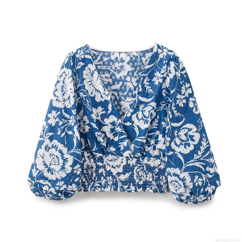 Women Casual V Neck Floral Print Blouse Cotton Blend Eyelet Embroidery Top With Smocking Waist And Bubble Long Sleeves Boho Style