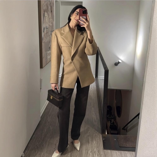 Women's Oversized Khaki Blazer Jacket Notched Lapel Long Sleeve Single Breasted Solid Color Casual Commuting Suit Coat For Work Office Streetwear Trendy Fashion Outerwear