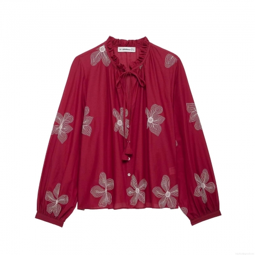 Women's Vintage Floral Embroidery Blouse Long Sleeve Ruffle Tie Neck Wine Red Button Down Shirt For Daily Vacation Elegant Lady Tops