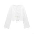 Women's White Eyelet Embroidery Long Sleeve V-Neck Blouse Elegant Ruffle Tie-Front Cropped Cardigan Sweet Hollow-Out Polyester Shirt For Dating Party