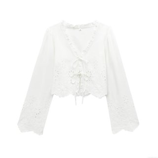 Women's White Eyelet Embroidery Long Sleeve V-Neck Blouse Elegant Ruffle Tie-Front Cropped Cardigan Sweet Hollow-Out Polyester Shirt For Dating Party