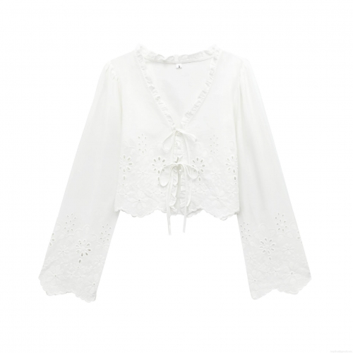 Women's White Eyelet Embroidery Long Sleeve V-Neck Blouse Elegant Ruffle Tie-Front Cropped Cardigan Sweet Hollow-Out Polyester Shirt For Dating Party