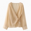 Women's Elegant V-Neck Wrap Shirt Semi-Transparent Crinkle Tencel Blouse Long Sleeve Tie Waist Tops For Party Office Casual Lady Blouses