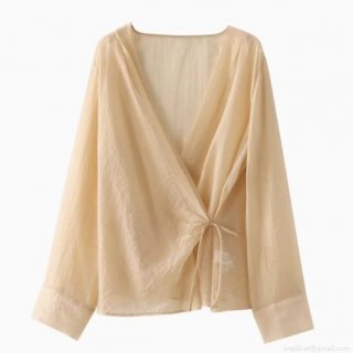 Women's Elegant V-Neck Wrap Shirt Semi-Transparent Crinkle Tencel Blouse Long Sleeve Tie Waist Tops For Party Office Casual Lady Blouses