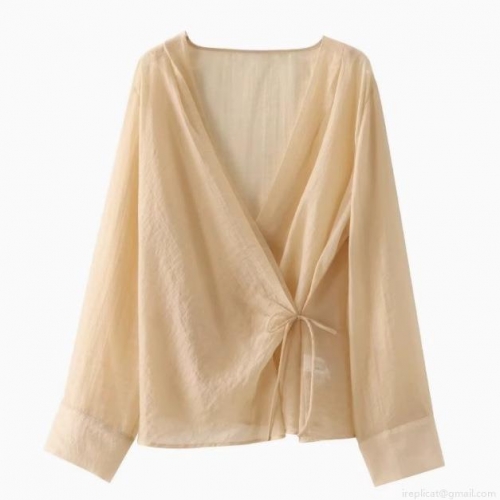 Women's Elegant V-Neck Wrap Shirt Semi-Transparent Crinkle Tencel Blouse Long Sleeve Tie Waist Tops For Party Office Casual Lady Blouses