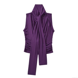 Women's Cowl Neck Sleeveless Top Sexy Deep Purple Rayon Spandex Ribbons Ruched Slim Fit Crop Tank Top For Party Daily Wear