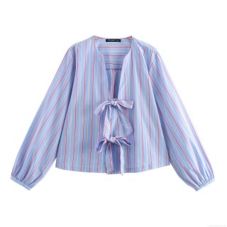 Women's Vintage Striped Blouse With Bow Tie V-Neck Long Lantern Sleeve Blue White Red Striped Polyester Shirt Sweet Casual Top For Women Daily Dating