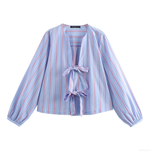 Women's Vintage Striped Blouse With Bow Tie V-Neck Long Lantern Sleeve Blue White Red Striped Polyester Shirt Sweet Casual Top For Women Daily Dating