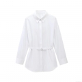 Women's Elegant Poplin Long Sleeve Shirt With Waist Belt Metal Ring Slim Fit Solid White Button Down Blouse For Office Commute Party Clothing