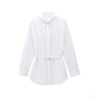 Women's Elegant Poplin Long Sleeve Shirt With Waist Belt Metal Ring Slim Fit Solid White Button Down Blouse For Office Commute Party Clothing