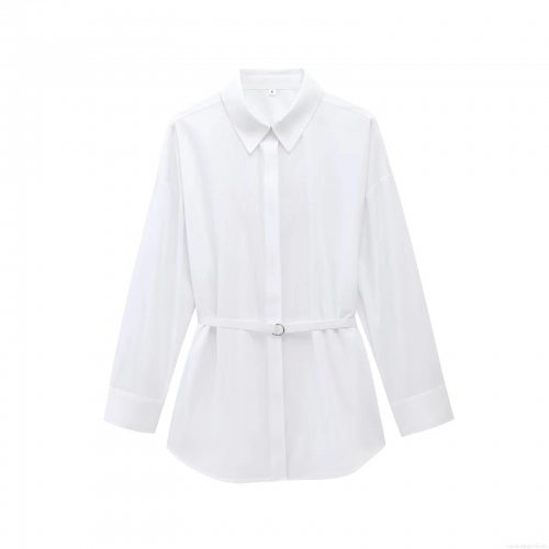 Women's Elegant Poplin Long Sleeve Shirt With Waist Belt Metal Ring Slim Fit Solid White Button Down Blouse For Office Commute Party Clothing