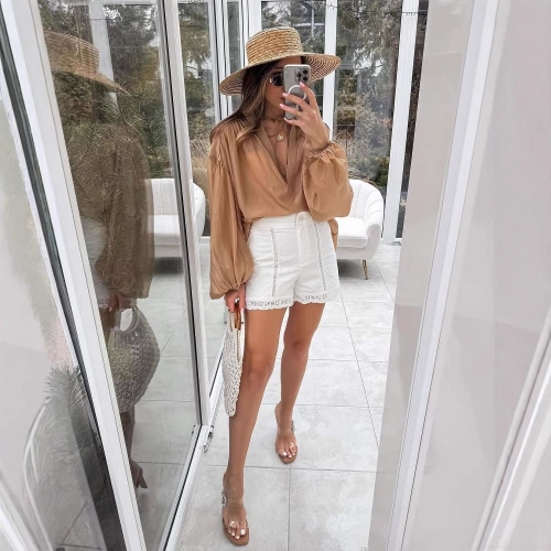 Women's Elegant V Neck Lantern Long Sleeve Blouse Solid Color Single Breasted Polyester Chiffon Shirt For Vacation Daily Wear