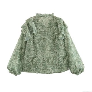 Women's Long Sleeve Floral Print Blouse Lightweight Polyester Chiffon Ruffle Stand Collar Tie Front Fashion Casual Tops For Daily Date