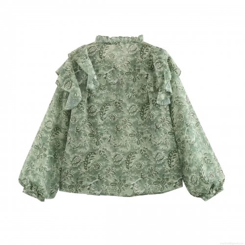 Women's Long Sleeve Floral Print Blouse Lightweight Polyester Chiffon Ruffle Stand Collar Tie Front Fashion Casual Tops For Daily Date