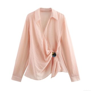 Women's Elegant Surplice Wrap Blouse Long Sleeve Lapel V-Neck Polyester Crepe Shirt With Gold Decorative Buckle Pale Pink Celebrity Style Casual Top