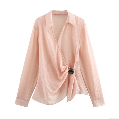 Women's Elegant Surplice Wrap Blouse Long Sleeve Lapel V-Neck Polyester Crepe Shirt With Gold Decorative Buckle Pale Pink Celebrity Style Casual Top
